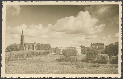 fotopostkaart, Viljandi, Valuoja org, kool, Pauluse kirik, pank, u 1935  duplicate photo
