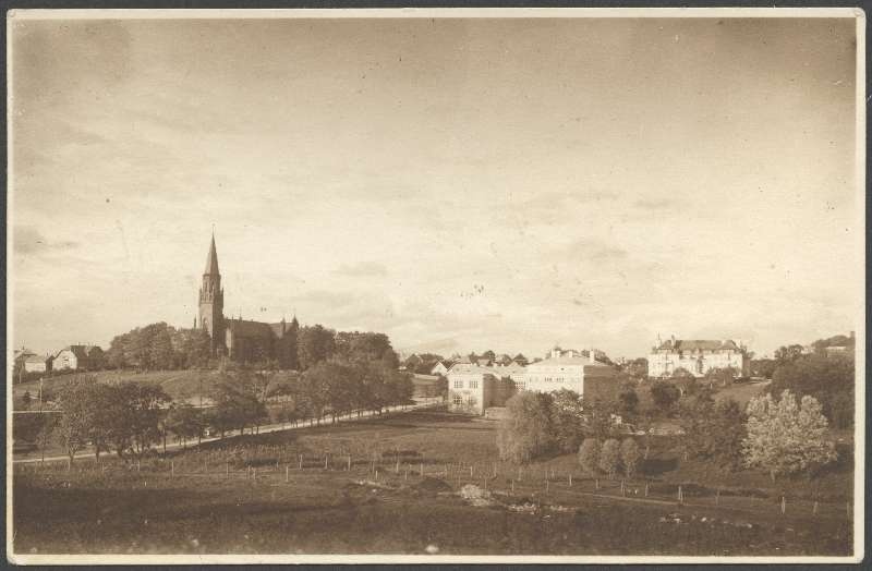 fotopostkaart, Viljandi, Valuoja org, park, kool, Pauluse kirik, u 1931, foto T. Parri (Viljandi)