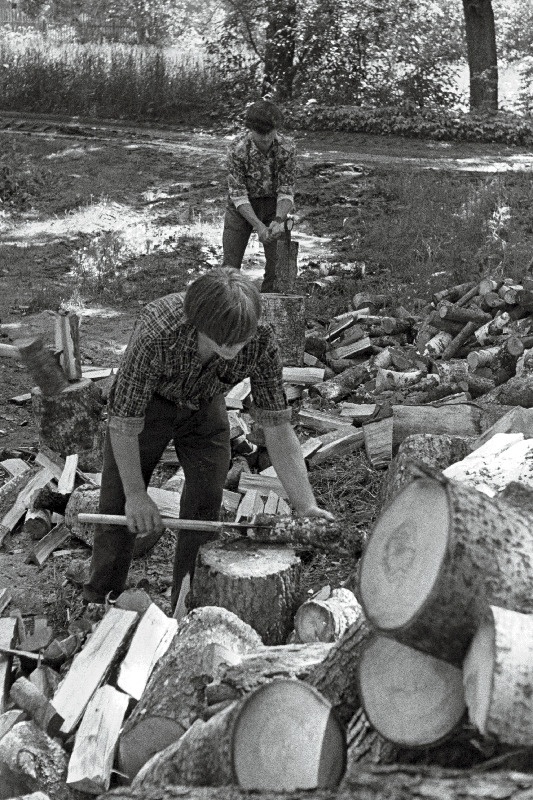Eesti õpilasmaleva ( 1971? ) pilte Konovere, Audru, Sipa rühma elust - olust. Malevlased küttepuid lõhkumas ja tassimas