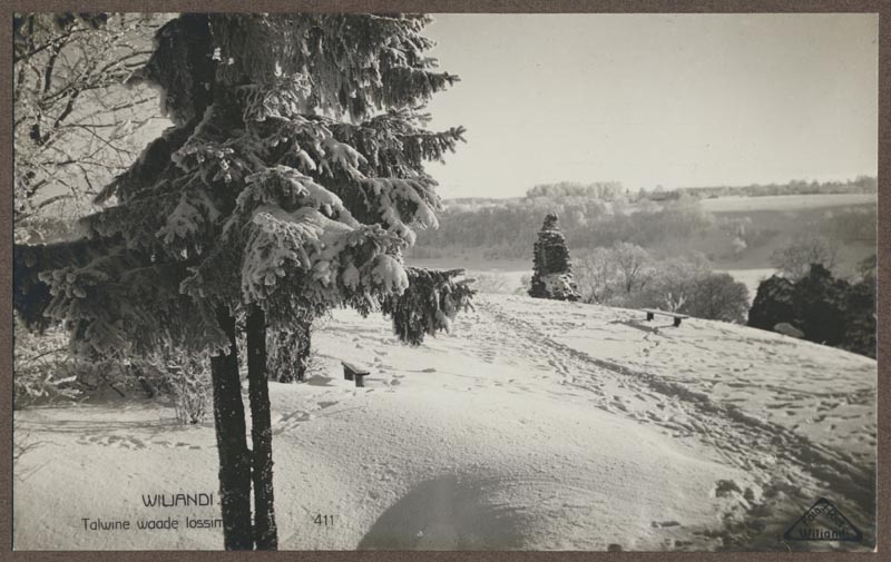 foto albumis, Viljandi, lossimäed, II Kirsimägi, eemal järv, vastaskallas, talv, u 1935, foto J. Riet
