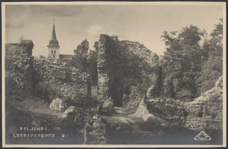 fotopostkaart, Viljandi, Kaevumägi, värav, Jaani kiriku torn, u 1920, foto J. Riet
