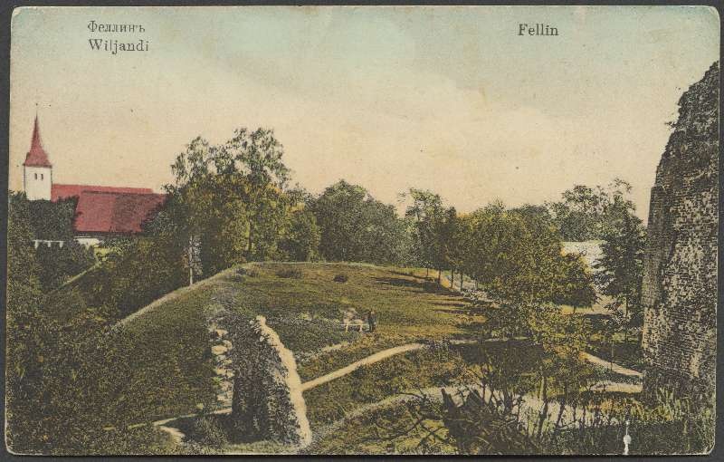 trükipostkaart, Viljandi, Lossi tn ja Jaani kirik Kaevumäelt, koloreeritud, u 1912