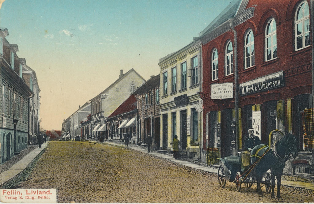 koloreeritud postkaart Viljandi Lossi tn, Tartu ja Kauba tn vahel u 1910 kirjastaja E.Ring