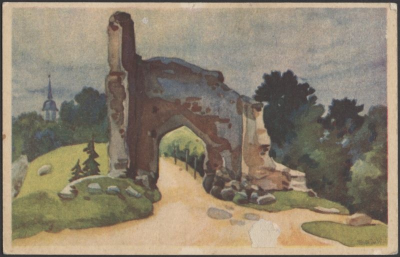 trükipostkaart, Viljandi, Kaevumägi, värav, II Kirsimägi, R. Kivit'i akvarell, värviline