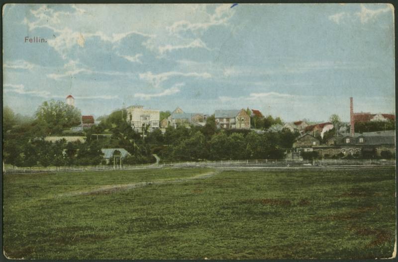 trükipostkaart, Viljandi, elamud mäeveerul, vasakul Trepimägi, paremal tapamaja, u 1912, koloreeritud, kirjastus Buchhandlung Lehrerverein Fellin, foto A. Livenstroem