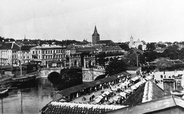 Vaade ülejõelt Kivisilla ja Jaani kiriku suunas: esiplaanil Heinaturg Emajõe vasakkaldal, lodjad paremkaldal, Kivisild, kesklinna hooned, Jaani kiriku torn ja Uspenski kiriku kuplid. Tartu, 20. saj. algus