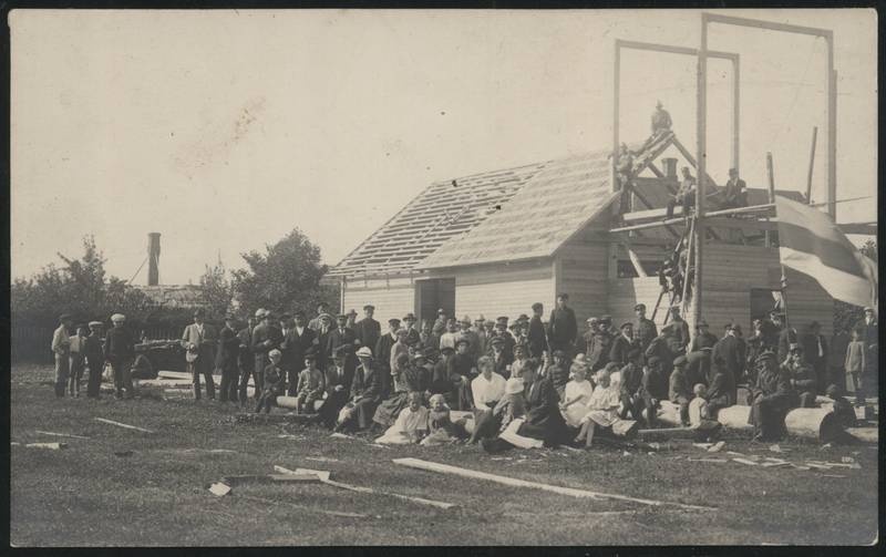 fotopostkaart, Pilistvere khk, Võhma tuletõrje pritsikuur, ehitus, ehitaja H. Madis, grupp, 1922,