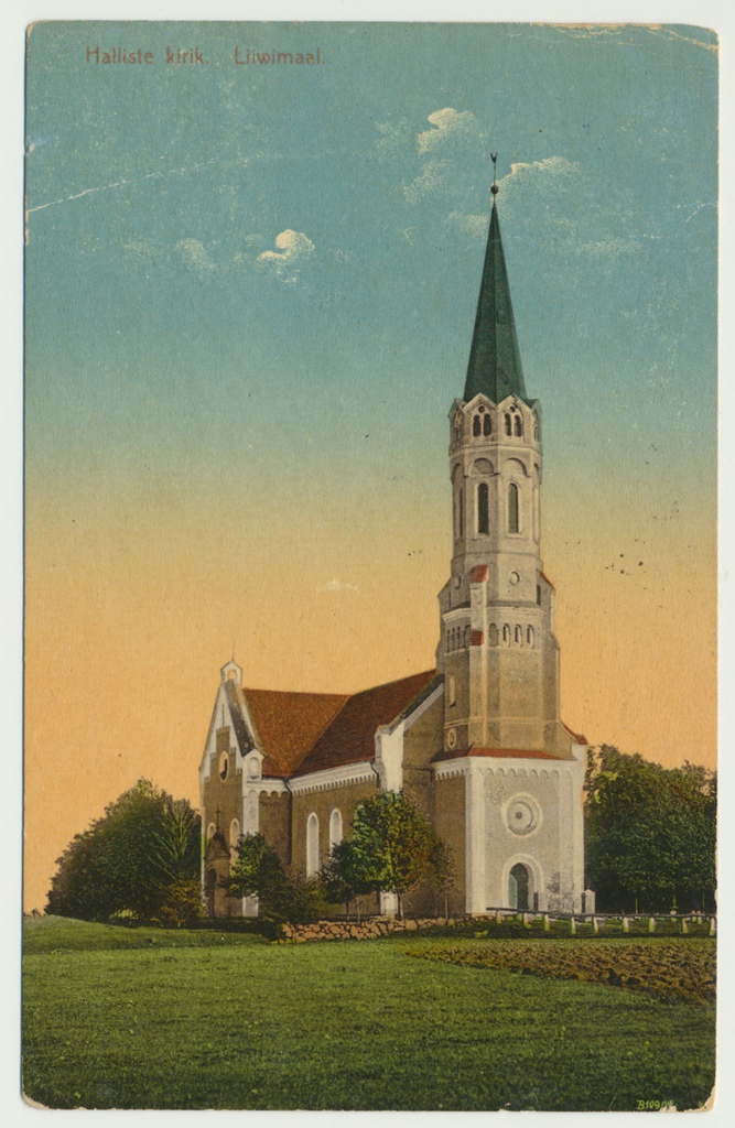 trükipostkaart, Halliste khk, Halliste kirik u 1910, koloreeritud, kirjastus A. Tõllasepp