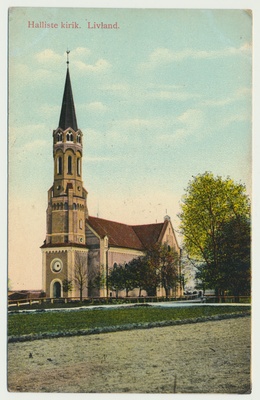 koloreeritud trükipostkaart, Halliste khk, Halliste kirik, u 1910, kirjastaja Jaik (Jurjev)  duplicate photo