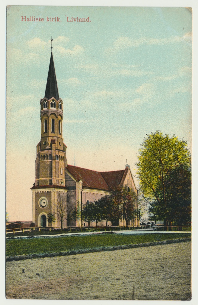 koloreeritud trükipostkaart, Halliste khk, Halliste kirik, u 1910, kirjastaja Jaik (Jurjev)