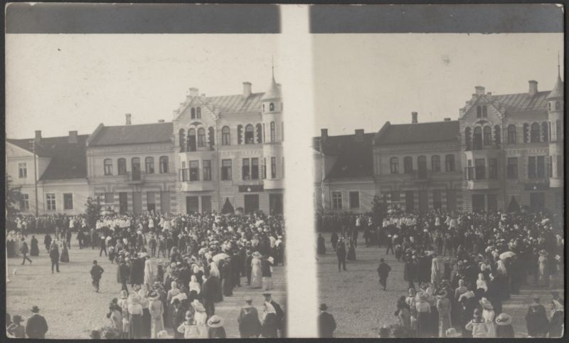 stereo fotopostkaart, Viljandi, turuplats, tuletõrje aastapäev?, u 1915