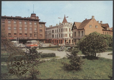 trükipostkaart, Viljandi, Tartu tn- Lossi tn ristmik, keskväljak, logo Viljandi 700, värviline, u 1980, foto G. German  duplicate photo