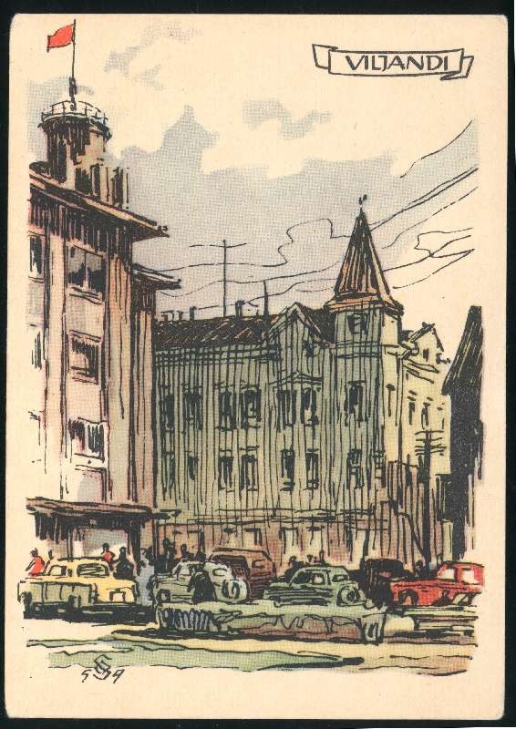 trükipostkaart, Viljandi, Keskväljak, Tartu tn - Lossi tn ristmik, O.Soans'i akvarell u 1958, värviline, kirjastus ENSV Kunst