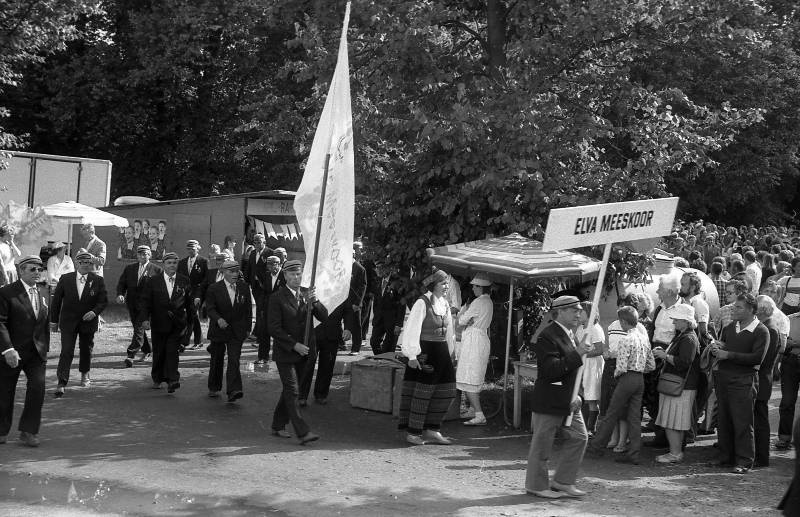 Negatiiv. III poistekooride laulupidu Tartus 1986. A. Nilsoni kogu. Elva meeskoor rongkäigus.