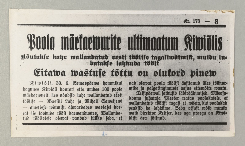 Poola kaevurite ultimaatum Kiviõlis. Pildistus trükisest.