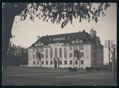 fotopostkaart, Viljandi, Eesti Panga Viljandi osakonna hoone, hobuvoor, Vaksali tn, 1929, foto J. Riet  duplicate photo