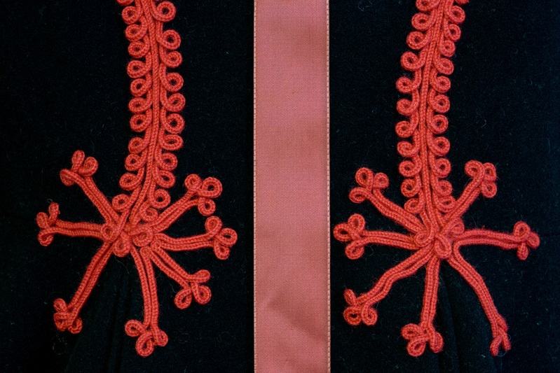 Detail Kodavere kihelkonna naise pikk-kuue käpamotiividest (keskel tanupael).