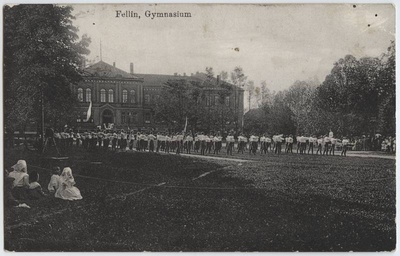 trükipostkaart, Viljandi, Uueveski tee 1, maagümnaasiumi park, grupp võimlemas, u 1906?, Verlag von E. Ring  duplicate photo