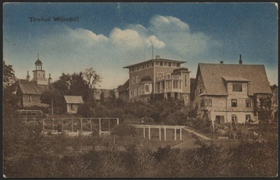 trükipostkaart, Viljandi, Trepimägi, paremal Sellheim'i, Eiche villa, vasakul raekoda (torn), koloreeritud, u 1910, H. Leoke'se kirjastus  duplicate photo