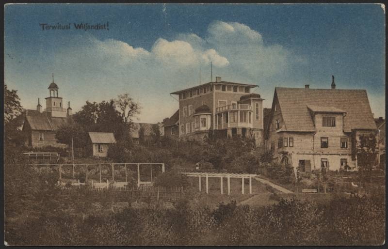 trükipostkaart, Viljandi, Trepimägi, paremal Sellheim'i, Eiche villa, vasakul raekoda (torn), koloreeritud, u 1910, H. Leoke'se kirjastus