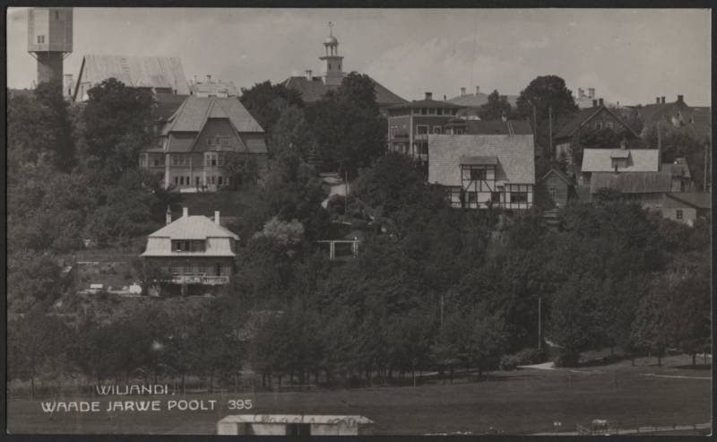 fotopostkaart, Viljandi, Trepimägi, ümbrus, villad, raekoda, veetorn, u 1927, foto J. Riet