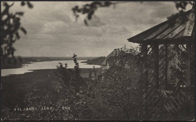 fotopostkaart, Viljandi, järv, aiapaviljon, taga G. Rosenbergi maja, u 1920, foto J. Riet
