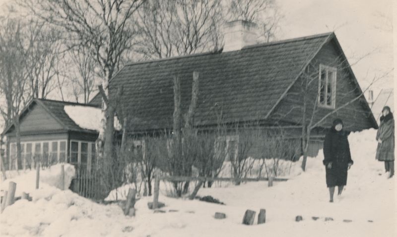 Foto. Lumehanged piiramas maja Õhtu kaldal. 1931.  Albumis HM 8466:1. Kuulunud kapten Harald Dampffile.
