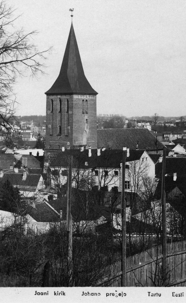 Jaani kirik ja vanalinn (vaade Toomemäelt). Tartu, 1930-1940.
Allservas esperantokeelne nimetus.