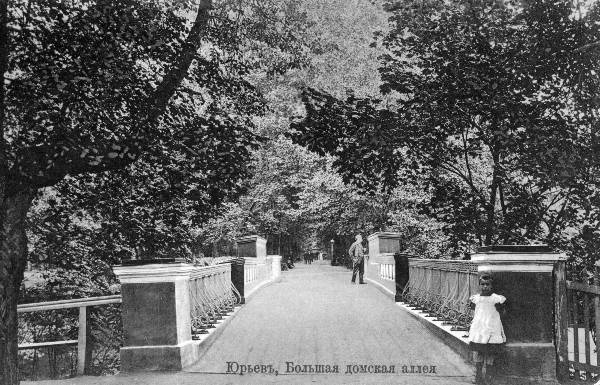 Toomemäe allee. Inglisild pealtvaates;  inimesed sillal.  Tartu,  ca 1915-1925.