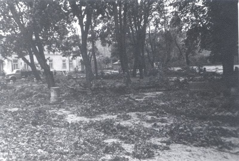 Foto. Vaade Haapsalu Koduloomuuseumi esisele pargile õhtul möllanud 12-pallise tormi ajal. 6. aug. 1967. Foto R. Kalk.