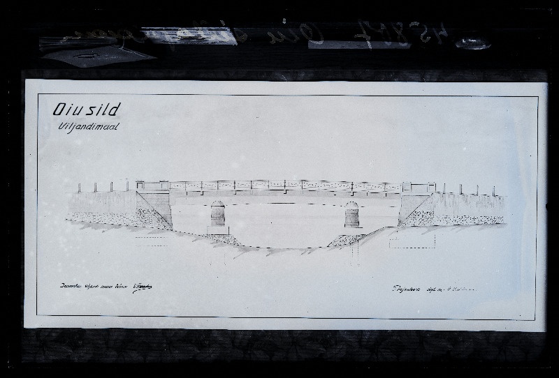 Plaan - Oiu sild Viljandimaal. Projekti autor dipl insener H. Reitelmann, joonestas Viljandi maakonna tehnik V. Henrichson, (04.10.1925 fotokoopia).