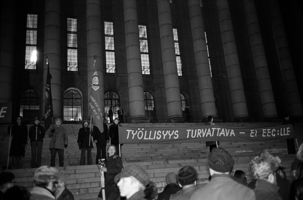 Demonstration against the European Economic Community (EEC ) on the stairs of the House of Representatives.