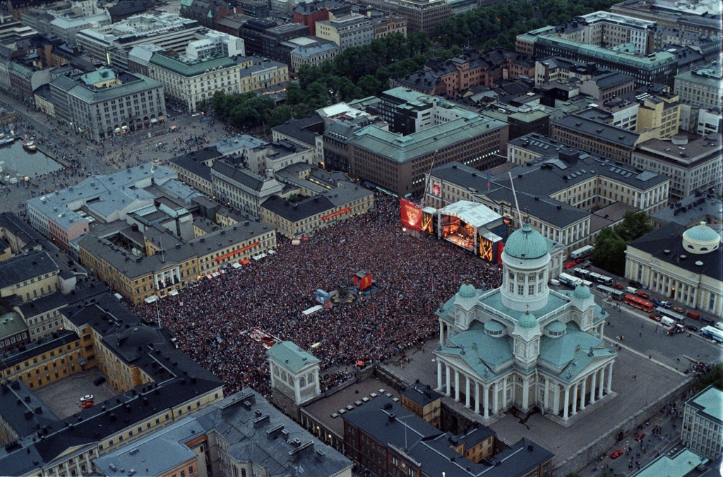Concert of Leningrad Cowboys and Red Army Choir Total Balalaika Show at the Senate on Helsinki Day 1993.