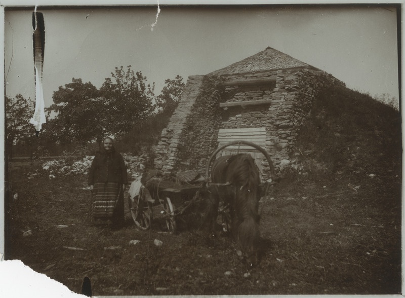 Vanem naine hobusega kiviehitise juures