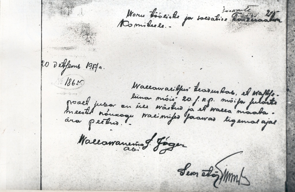 Foto. Vastseliina vallavalitsuse teade Vastseliina mõisa ülevõtmisest  20.detsembril 1917.a.