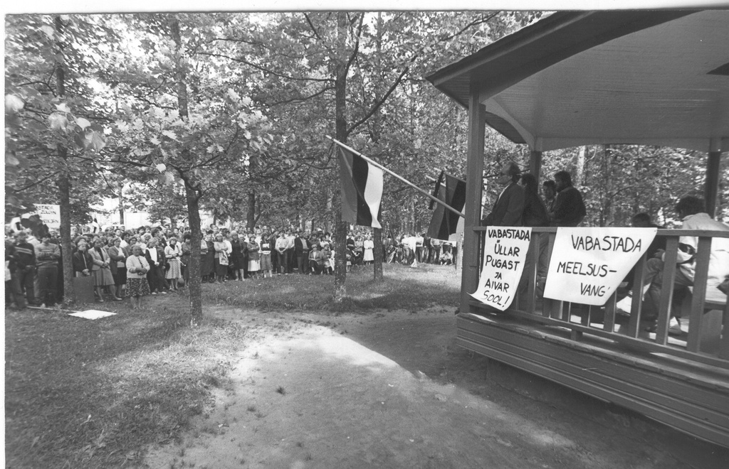 Foto 14.juunil 1988.a. küüditamise aastapäev Kreutzwaldi pargis, vaade kõlakojale, rahvale.