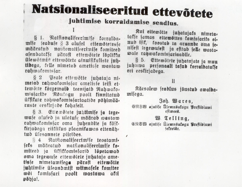 Foto. Artikkel " Natsionaliseeritud ettevõtete juhtimise korraldamise seadus", "Töörahva Elu", 1940.a.,2.okt. ,nr.19.