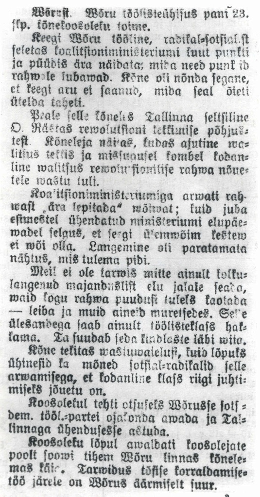 Foto. Artiklist "Võrust. Võru töölisteühisus pani 23.skp. kõnekoosoleku toime", "Kiir", nr. 52, 30.mai 1917.a.