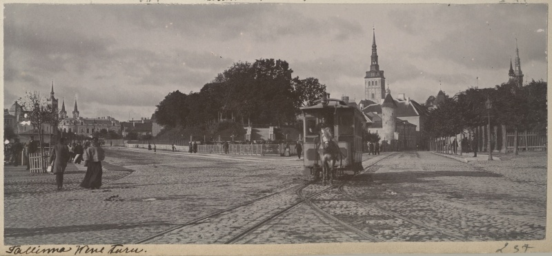 Vene turg, vaade Viru tänava poole. Esiplaanil konka (hobutramm).