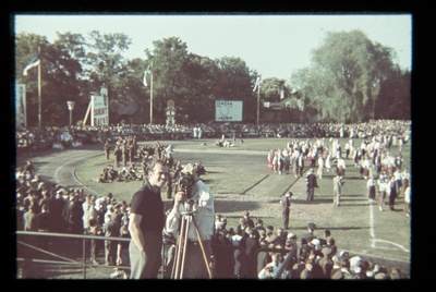 Kadrioru Stadium, II Estonian Games in 1939, two men in front of the camera.  similar photo