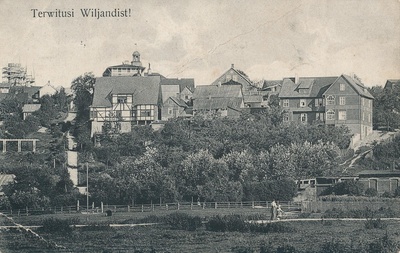 trükipostkaart, Viljandi, Trepimägi, Roosi tn majad, veetorni ehitus, 1911  duplicate photo