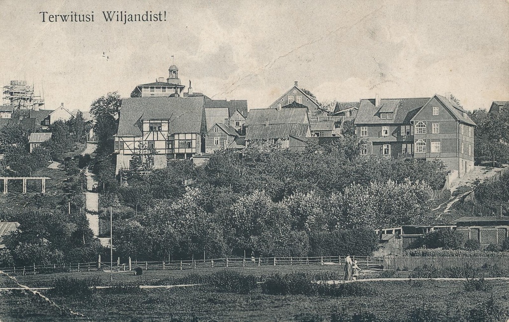 trükipostkaart, Viljandi, Trepimägi, Roosi tn majad, veetorni ehitus, 1911