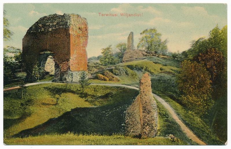 trükipostkaart albumis, Viljandi lossimäed, Kaevumägi, värav u 1910, kirjastus H. Leoke, koloreeritud