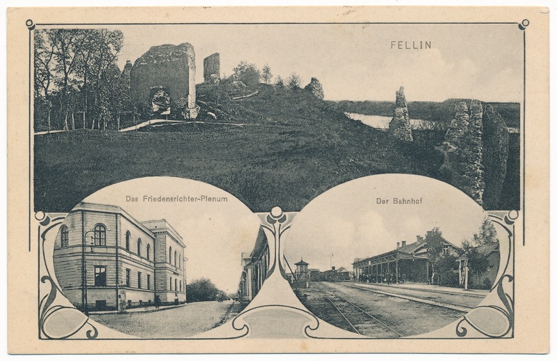 trükipostkaart albumis, Viljandi 3 vaadet: kohtumaja, vaksal (raudteejaam), lossimäed, kirjastaja E. Ring u 1910