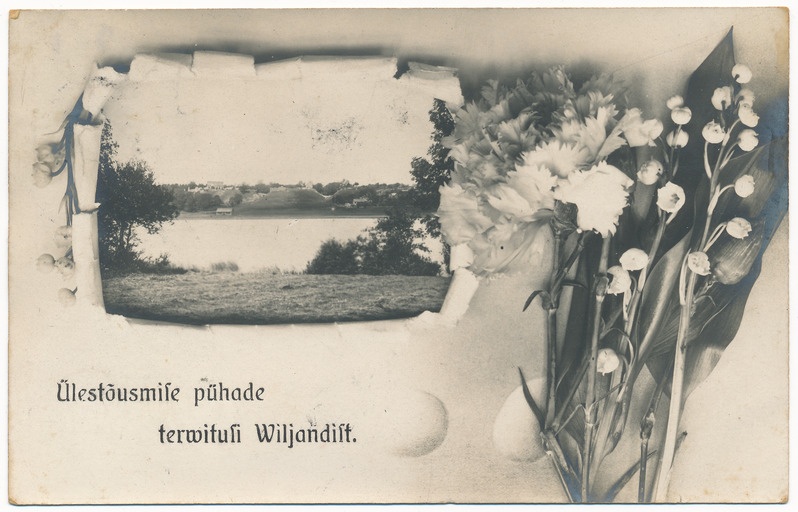 fotopostkaart albumis, kevadpühad, ülestõusmispühad, Viljandi järv, lossimäed, maikellukesed u 1910