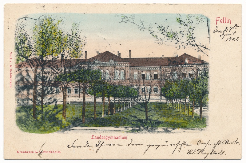 trükipostkaart albumis, Viljandi maagümnaasium, Uueveski tee 3 u 1910, kirjastus G. Schürmann, koloreeritud