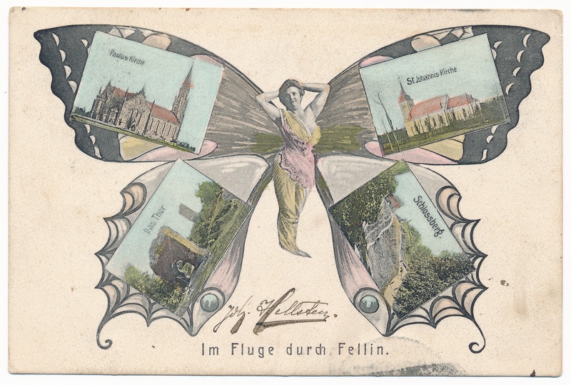 trükipostkaart albumis, Viljandi 4 vaadet liblika tiibadel: kirikud, lossimäed u 1905, kirjastaja A. Tõllasepp, koloreeritud
