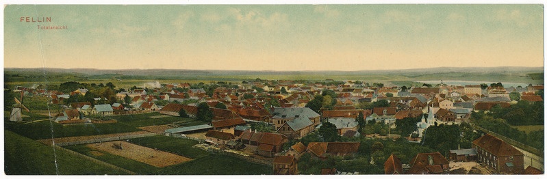 trükipostkaart albumis, Viljandi, vaade Pauluse kiriku tornist Tallinna tn poole u 1907, kirjastaja E. Ring, koloreeritud