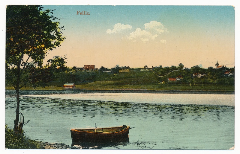 trükipostkaart albumis, Viljandi, järv, paat, lossimäed u 1910, kirjastus E. Ring, koloreeritud