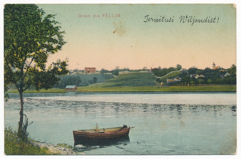 trükipostkaart albumis, Viljandi, järv, paat, lossimäed u 1910, kirjastus E. Ring, koloreeritud
